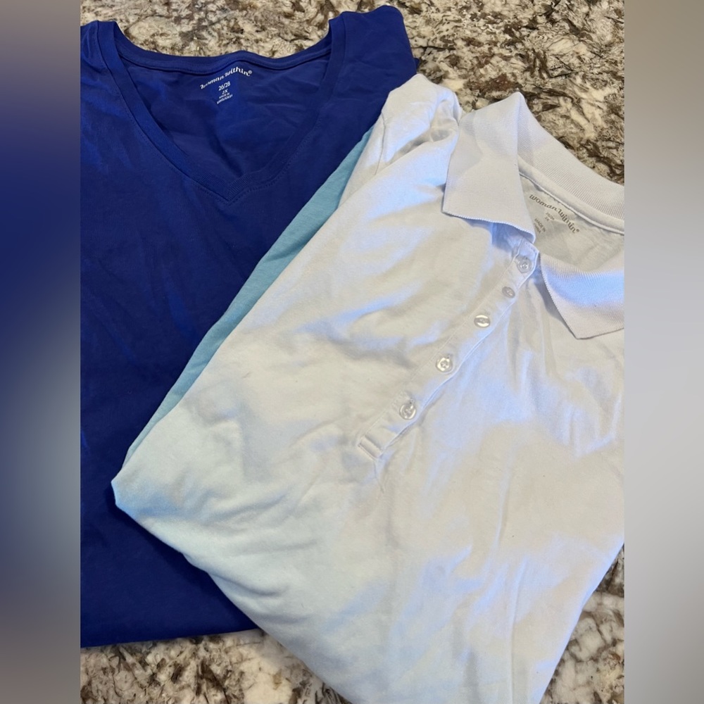2 NEW Woman Within Womans Shirt 2X 26/28 Blue V Neck Short Sleeve Polo Ombre Lot